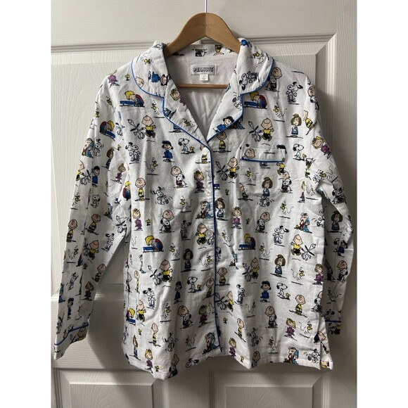 Peanuts Womens Large Flannel Lucy Linus Snoopy Button Sleep Shirt Pajama Top - Picture 1 of 9